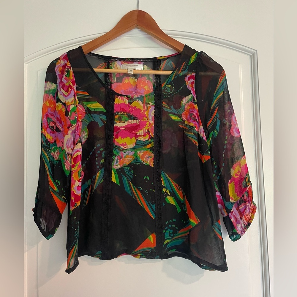 Anthropologie Moulinette Soeurs Black Floral Sheer Silk Blouse